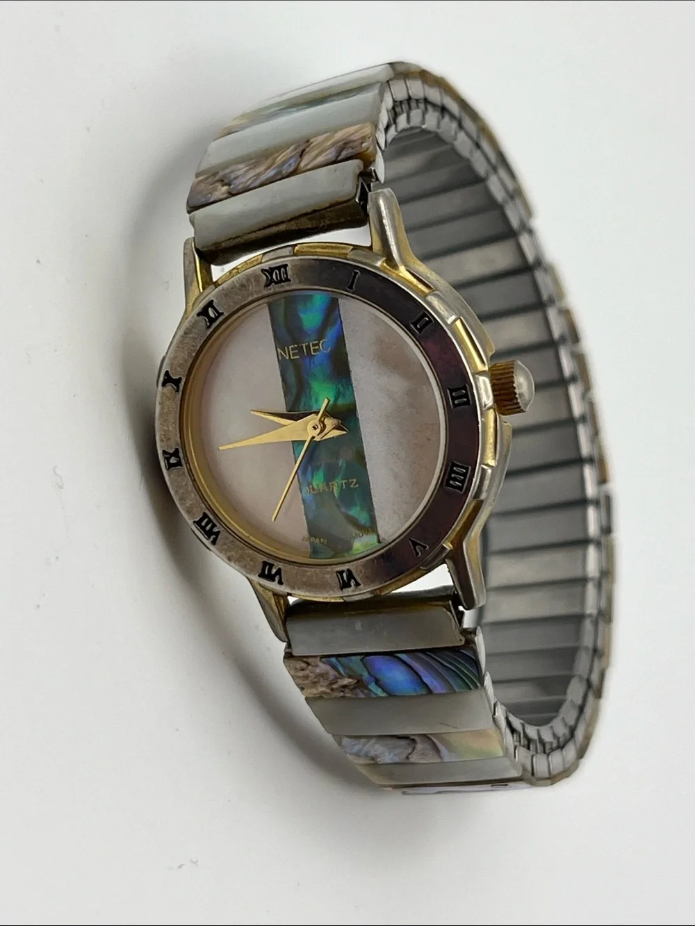 Vintage Netec Abalone Inlay Quartz Watch - Mother of Pearl & Gold Accents